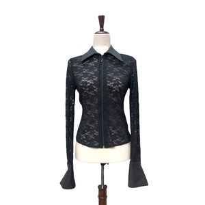 CAbi Sheer Floral Lace Zip Up Collar Sweater With Cuffs - Black | Medium | M